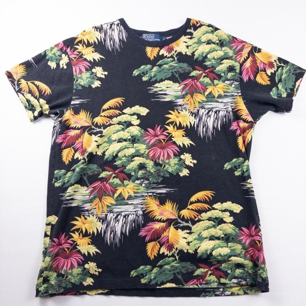 Polo Ralph Lauren T Shirt Mens Large Black Scenic View Tropical AOP 90s Pique